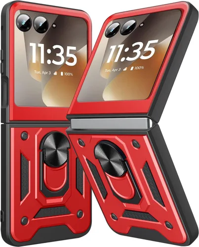 Miniatura 10 de Funda para Motorola Razr 2023 con cubierta de cámara y soporte, protección de lente deslizante + soporte de anillo giratorio de 360°, resistente a