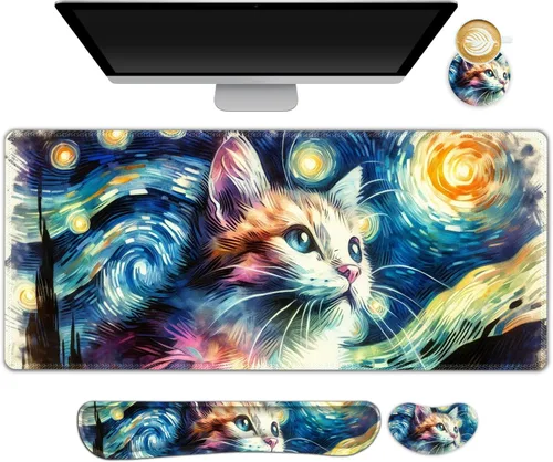 Miniatura 28 de Juego de alfombrilla de mouse grande para juegos, 4 en 1, alfombrilla de escritorio extendida para teclado con reposamuñecas, juego de alfombrilla