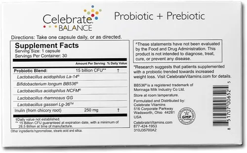 Miniatura 3 de Celebrate Vitamins Balance Probiotic + Prebiotic - Suplemento diario post cirugía bariátrica para mujeres y hombres, 28.5 mil millones de UFC, apoya
