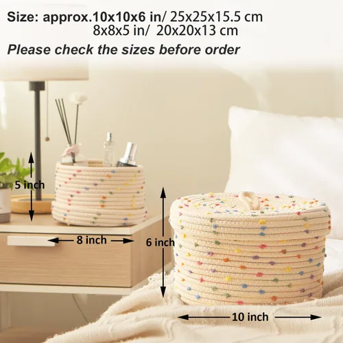 Miniatura 3 de Esme L&H Cesta pequeña de cuerda con tapa, pequeña cesta de almacenamiento tejida redonda de 10 x 6 pulgadas con tapa para organizar, pequeña