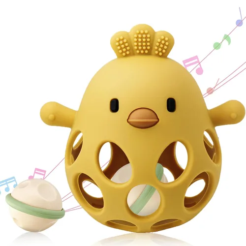 Miniatura 10 de ChooKaChoo Juguete de sonajero de dentición 2 en 1, mordedor sensorial para bebés de 3 a 12 meses, 100% silicona de grado alimenticio, fácil