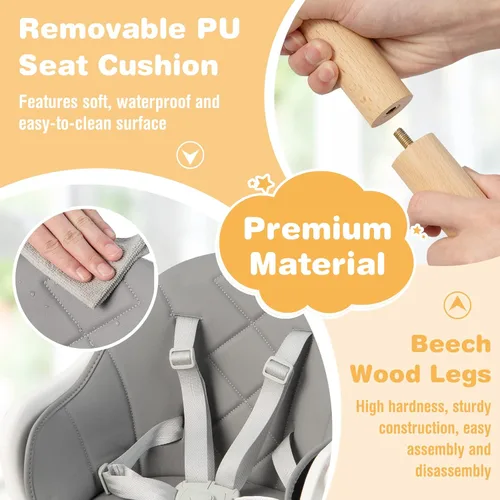 Miniatura 7 de BABY JOY Silla alta para bebé, silla alta convertible 6 en 1 de madera para bebés y niños pequeños con patas ajustables, doble bandeja extraíble
