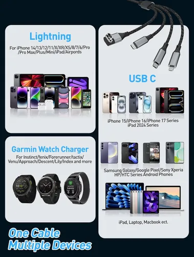 Miniatura 4 de Cable de carga múltiple de 100 W para Garmin Watch, cable de carga rápida USB múltiple de 10 pies con USB-C (100 W), Lightning, Micro-USB y cargador
