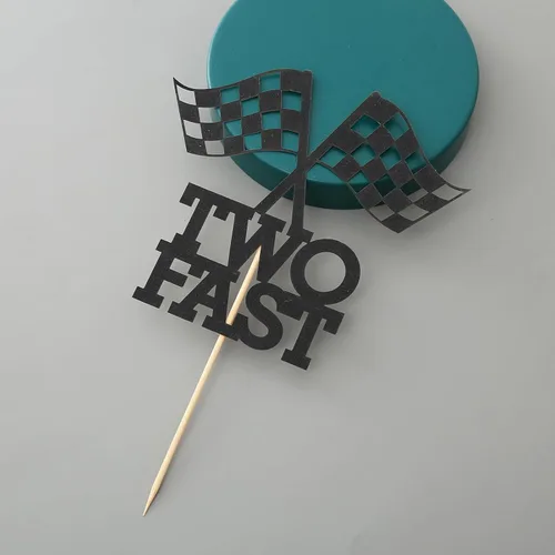 Miniatura 5 de Decoración para pastel de cumpleaños con temática de auto de carreras, decoración de fiesta de segundo cumpleaños, 6 x 6 pulgadas, bandera a