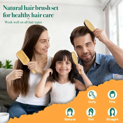Miniatura 6 de Sofmild Juego de cepillos de pelo de bambú natural para mujeres, hombres y niños, cepillo desenredante para cabello grueso y rizado y húmedo