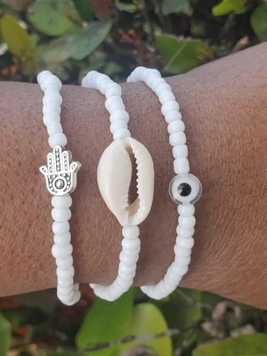 Miniatura 2 de 3 pcs Ilde Cowrie seashell Evil Eye Hamsa Hand Orisha Santeria Pulseras Bracelet Set