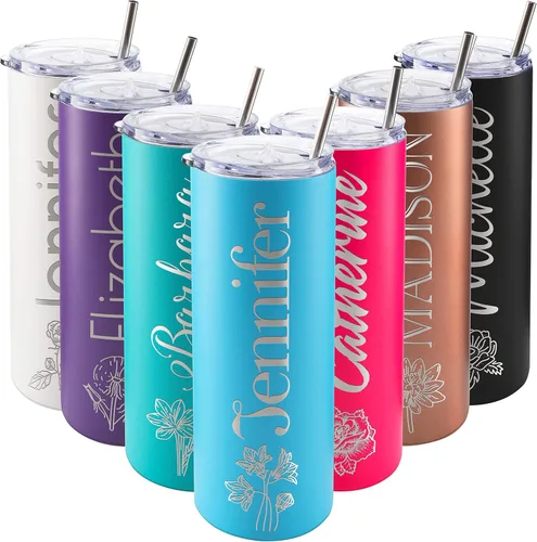 Vaso delgado personalizado, pajilla, tapa y cepillo incluidos, 20 onzas azul cielo, regalos personalizados para mujeres, regalo para mamá, vaso