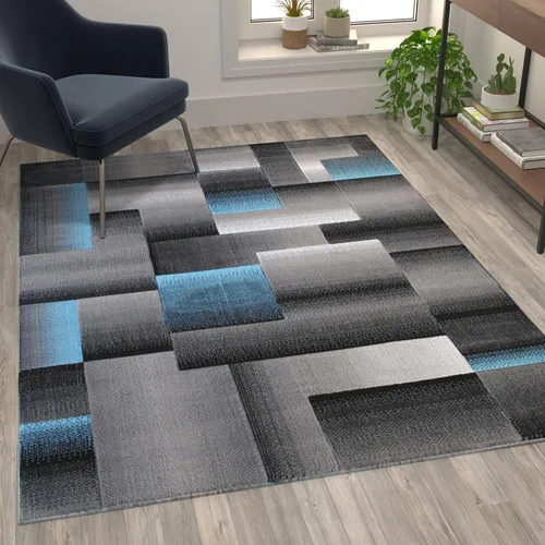 Miniatura 9 de Flash Furniture Elio Collection - Alfombra de área con patrón de bloques de color, alfombra de olefina azul de pelo alto, alfombra de área de 2 x 3