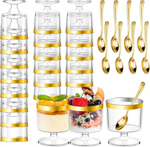 Miniatura 11 de DI QIU REN 120 Piezas Vasos de Postre de 5oz con Cuchara Dorada, Vaso de Plástico Transparente para Postre Parfait Aperitivo Pudín, Copas Redondas