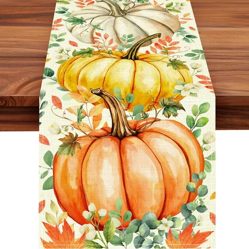 Camino de mesa de otoño con hojas de eucalipto y calabaza, decoración de mesa de cocina de Acción de Gracias para decoración de fiesta en el hogar