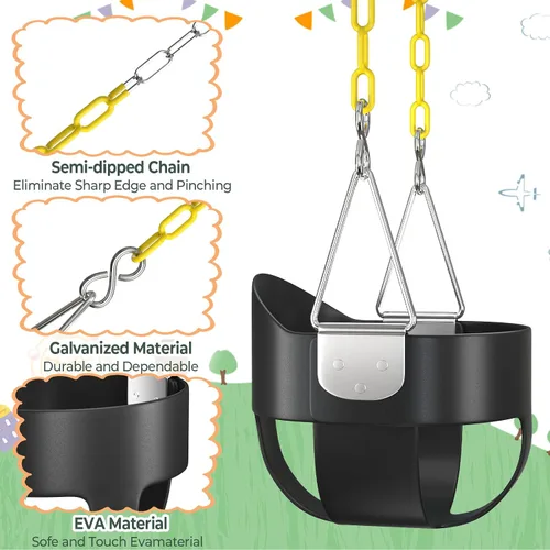 Miniatura 4 de AGPTEK Asiento de columpio para niños pequeños con respaldo alto y cadenas de columpio con revestimiento amarillo y mosquetones, columpio para bebé