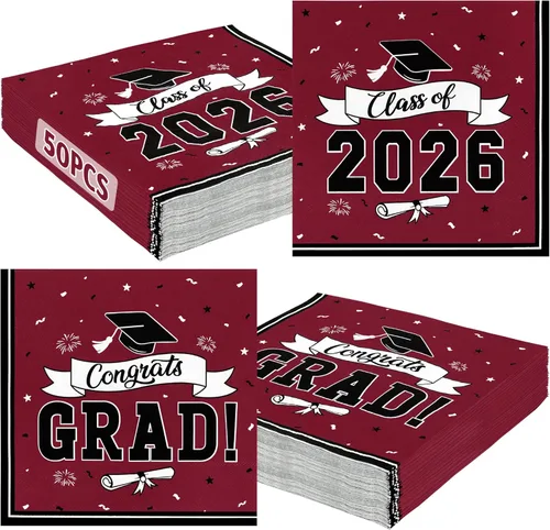 Miniatura 15 de Paquete de 50 servilletas de graduación para la clase de 2026, 6.5 x 6.5 pulgadas, servilletas de graduación rojas, pañuelos de papel clásicos