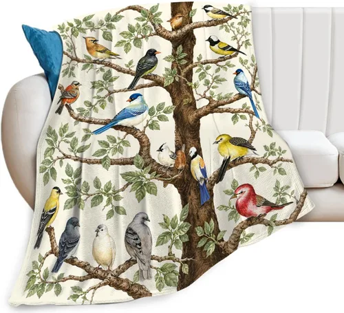 Bird Blanket, Colorful Songbird Throw Blanket, Nature Botanical Birds Gifts Blankets Stuff Fleece Flannel Plush Bedding for Bird Lover Women Men
