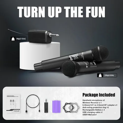 Miniatura 7 de Micrófono inalámbrico - Micrófono de karaoke para cantar - Micrófonos de mano dinámicos dobles recargables con receptor - Micrófono inalámbrico