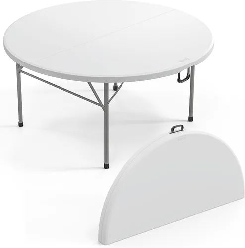 Miniatura 11 de VINGLI Mesa comercial redonda bi-plegable blanca de 48", mesa de comedor/cartas de plástico portátil de 4 pies para cocina o fiesta al aire libre
