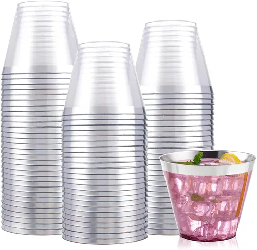 Miniatura 18 de I00000 200 piezas de vasos de plástico desechables plateados de 9 onzas, vasos de plástico transparentes de 9 onzas, vasos estilo antiguo de borde
