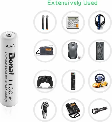 Miniatura 3 de Bonai, baterías recargables AAA 1100 mAh Ni-MH de alta capacidad, Paquete de 8