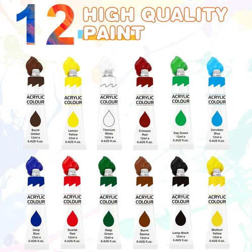 Miniatura 2 de ESRICH Juego de pintura acrílica de 12 colores (paquete de 2) con 20 pinceles, 24 pinturas acrílicas para adultos, principiantes, artistas 12