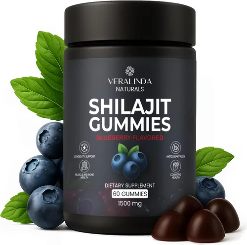 Gomitas Shilajit – 1500 mg estandarizadas al 50% de ácido fúlvico – Veganas, sin azúcar, sin OMG, sin gluten – Sabor natural de arándanos – 60