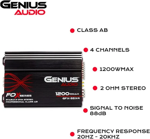 Miniatura 2 de Genius Audio GFX-55X4 Amplificador de coche de rango completo multicanal 1200 vatios Clase máxima AB de 2 ohmios estable con sistema de protección