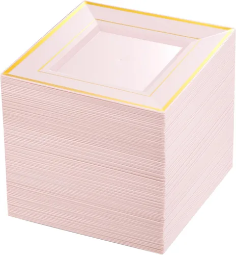 Miniatura 14 de bUCLA 100 platos cuadrados negros de plástico con borde dorado – Platos desechables de postre/aperitivo / pequeños pasteles de 6 pulgadas para Negro