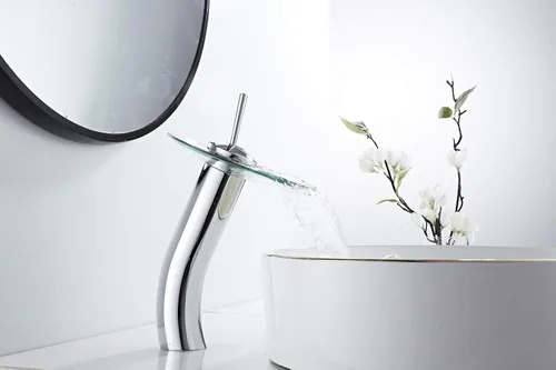 Miniatura 6 de Grifo de recipiente de baño, caño de vidrio en cascada, latón macizo, lavabo, lavabo, grifo de tocador cromado de una sola manija, fregadero de Cromo