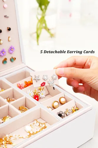 Miniatura 13 de Joyero de pendientes para mujeres y niñas, organizador de aretes de 5 capas, caja organizadora de joyas blanca con candado, collares y aretes