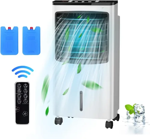 FANTASK - Enfriador de aire portátil eléctrico, 3 modos, 3 velocidades y temporizador, ventilador con pantalla digital, caja de cristal de hielo y