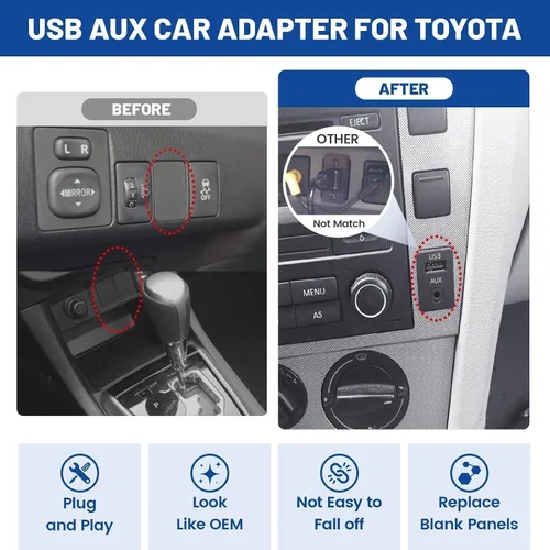 Miniatura 4 de Anina USB AUX Montaje empotrado para Toyota, cable de extensión AUX de 0.138 in para salpicadero de automóvil macho a hembra, adaptador de enchufe