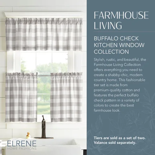 Miniatura 2 de Elrene Home Fashions Farmhouse Living Buffalo-Check Juego de cortinas de dos niveles para baño o cocina, 30" x 24" (Juego de 2 niveles), Gris/Blanco