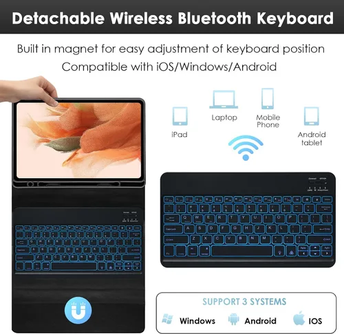 Miniatura 3 de LAMA Funda con teclado retroiluminado para Samsung Galaxy 12.4 pulgadas S10 Plus/S9 FE+/S9+/S8+, 12.4 pulgadas, S7 FE/S7 Plus, funda desmontable