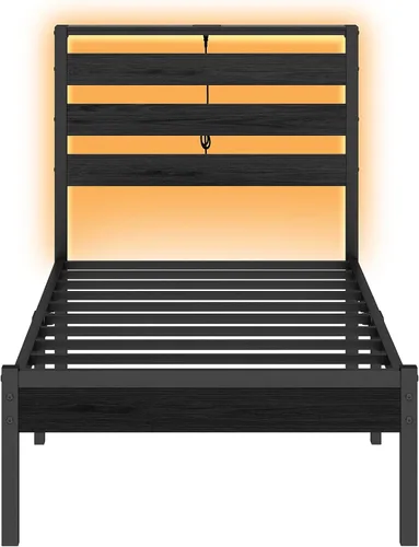 Miniatura 8 de CLIBFENG Base de cama tamaño individual con estación de carga USB, marco de cama LED con cabecera de almacenamiento de madera, cama de plataforma