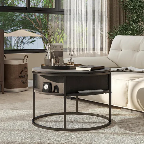 Miniatura 7 de HOJINLINERO Mesa de centro redonda elevable, con compartimento oculto de almacenamiento, decoración de mesa de centro de madera de granja