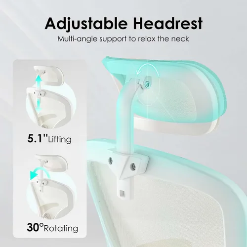 Miniatura 7 de Silla de oficina ergonómica con soporte lumbar ajustable y reposacabezas, silla de escritorio de malla de respaldo alto con reposabrazos abatibles