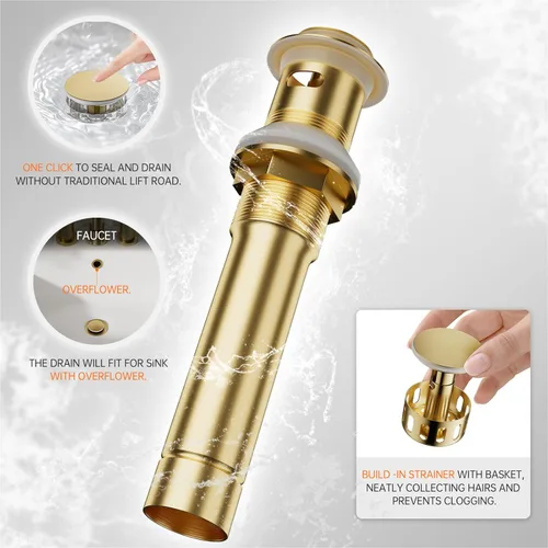 Miniatura 9 de Phiestina Grifo de tocador de baño de una sola manija cuadrada de oro cepillado con drenaje desplegable de metal con placa de cubierta, línea