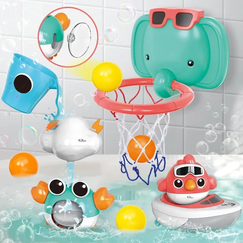 VATOS Juguetes de baño para bebés, juguetes de baño de baloncesto de elefante para bebés, niños y niñas de 1 año, juego de bañera para bebés con