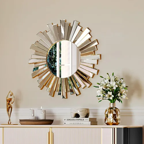 Miniatura 10 de Espejo de pared dorado redondo grande – Espejo de marco de diseño acanalado texturizado de 31 pulgadas, moderno espejo de acento de rayos solares