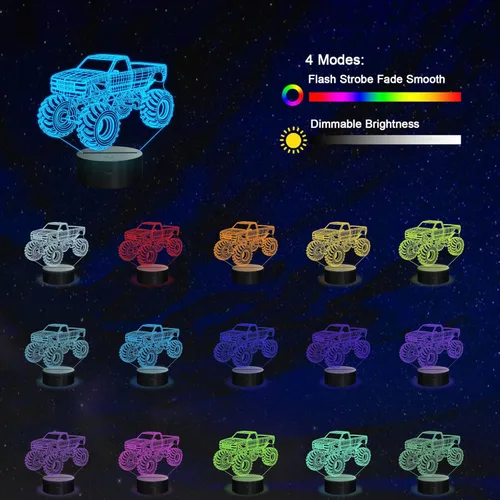 Miniatura 2 de Luces nocturnas 3D para niños, lámpara nocturna para niños, camiones monstruo para niños, 16 colores LED que cambian de iluminación, iluminación