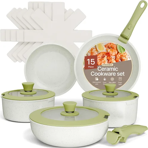 Bakken - Juego de utensilios de cocina antiadherentes de 15 piezas con asas desmontables, juego de ollas y sartenes apilables de granito, apto para