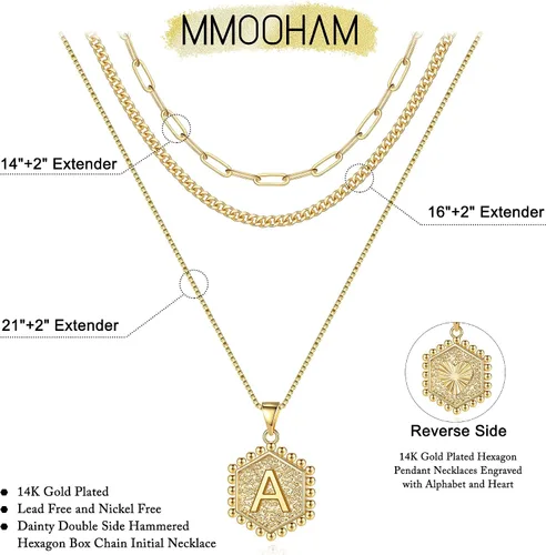 Miniatura 5 de Collares con iniciales M MOOHAM en capas, para mujer, chapados en oro de 14 quilates, con cadena de eslabones