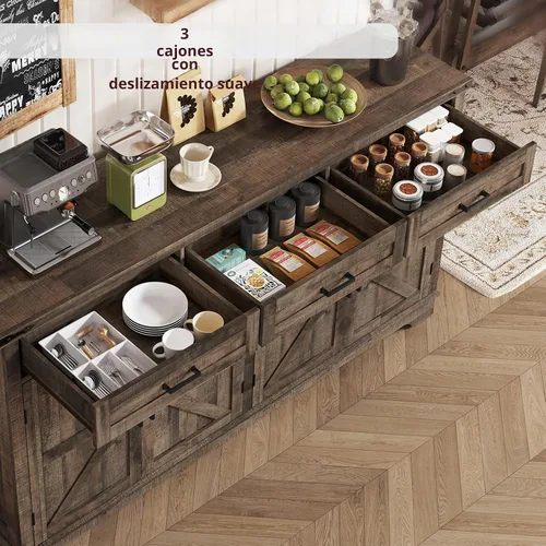 Miniatura 5 de usikey Gabinete Buffet, Aparador Buffet Grande de 63" con Almacenamiento y 3 Cajones, Barra de Café Estilo Granja con 4 Puertas, Mesa Buffet