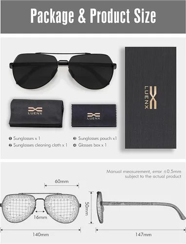 Miniatura 6 de Lentes para aviador Luenx polarizados, para hombres y mujeres, con armazón de metal grande, protección UV 400