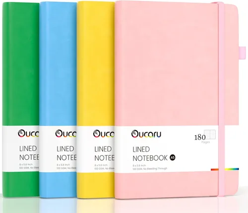 Oucaru Cuaderno rayado, paquete de 4, 180 páginas, diarios A5 para escribir, papel grueso de 100 GSM, cuadernos pequeños diarios para mujeres y 4