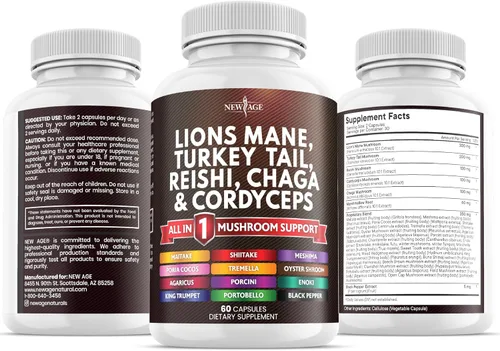 Miniatura 8 de NEW AGE Suplemento de hongo de melena de león con cola de pavo Reishi Cordyceps Chaga con raíz de malvavisco, 180