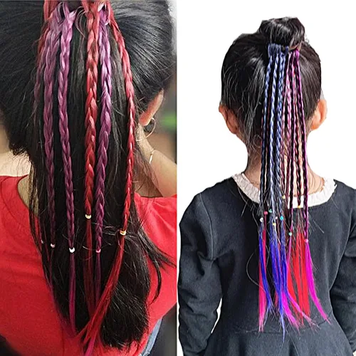 Miniatura 6 de KAGNAL 8 extensiones de cabello de trenzas de colores con bandas de goma, extensiones de cabello para niñas, extensiones sintéticas multicolor