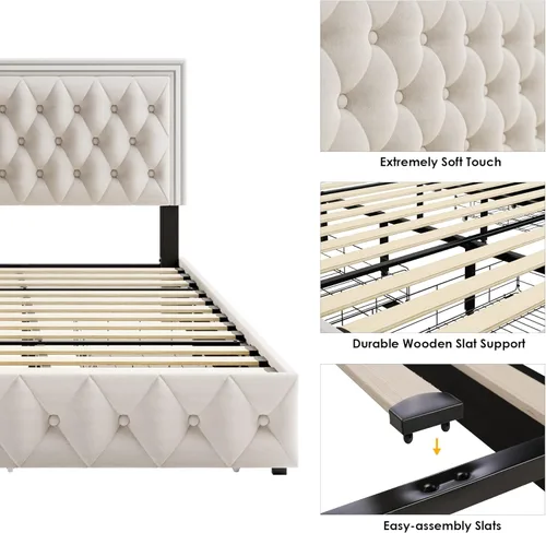 Miniatura 7 de Keyluv Marco de Cama Tapizada con LED Tamaño King con 4 Cajones, Cama de Plataforma de Terciopelo con Almacenamiento con Cabecero Capitoné de Beige