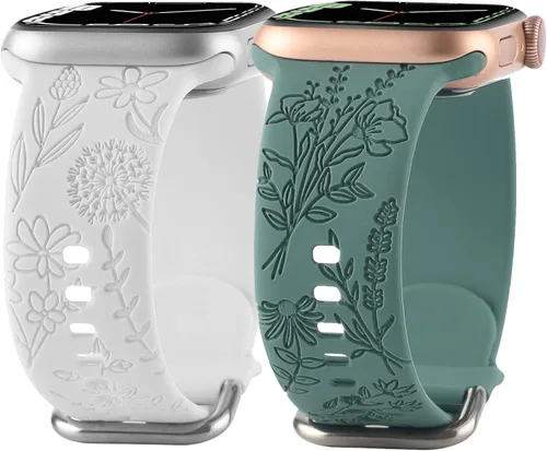Miniatura 18 de Correa de silicona grabada con flores compatible con correas de Apple Watch de 1.496 pulgadas, 1.575 pulgadas, 1.614 pulgadas, bonita correa Negro