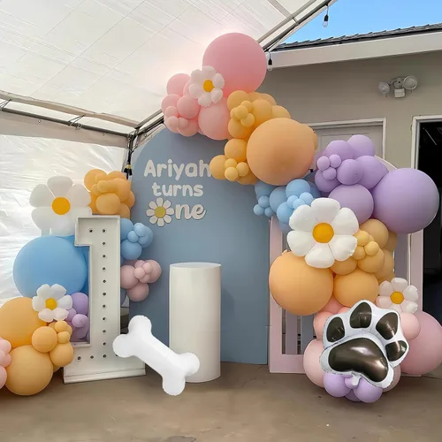 Miniatura 4 de Kit de arco de globos azules 140 piezas azul pastel rosa morado rubor globos con margarita hueso pata de perro globos de papel de aluminio
