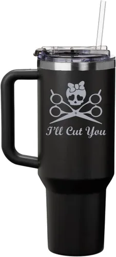 Vaso de 40 onzas con asa y tapa con pajilla, taza de viaje aislada de acero inoxidable, taza de viaje I'll Cut You Hair Dresser Stylist (negro)