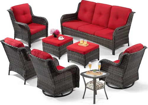 Miniatura 24 de Juego de 2 sillas de patio giratorias de 360 grados para exteriores y mesa auxiliar a juego – 3 sillas deslizantes de mimbre para patio con cojines